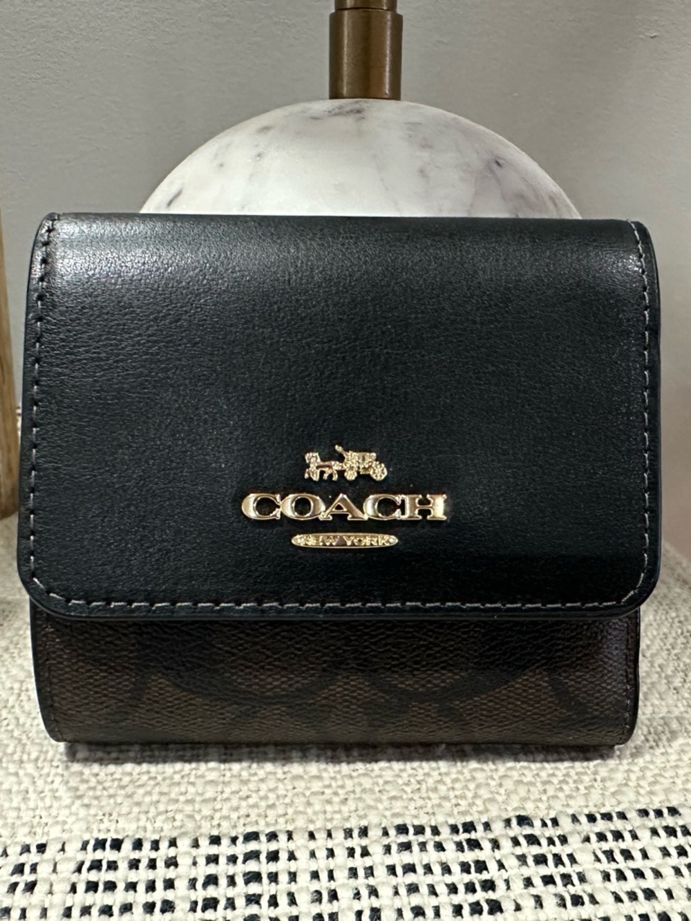 Coach Black Leather & Signature Canvas Compact Wallet with Gold Logo